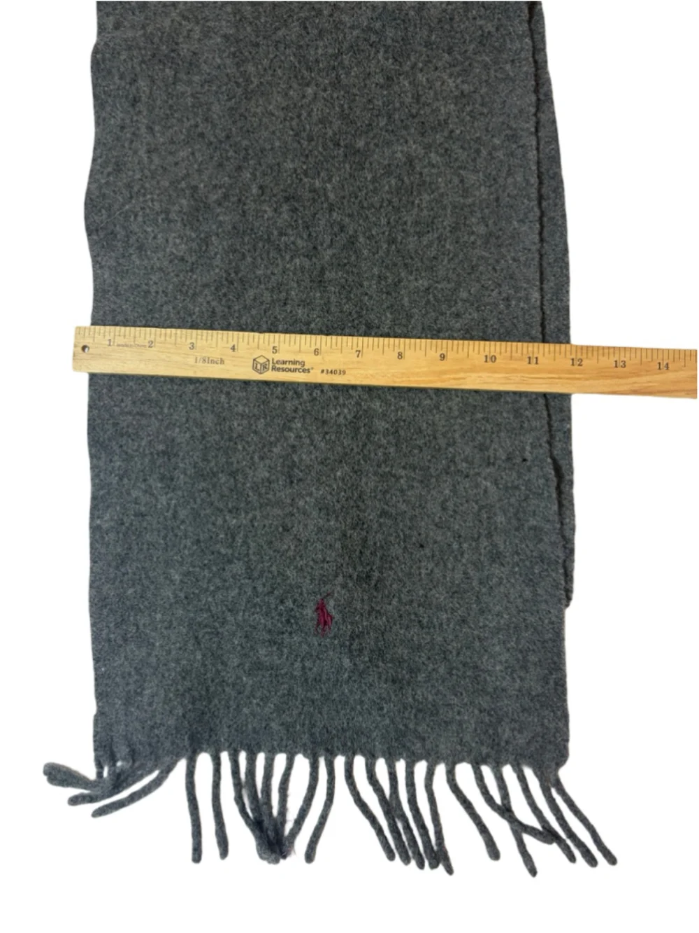 Ralph Lauren Lambswool Scarf Made In Scotland Gray Fringe Pony Logo